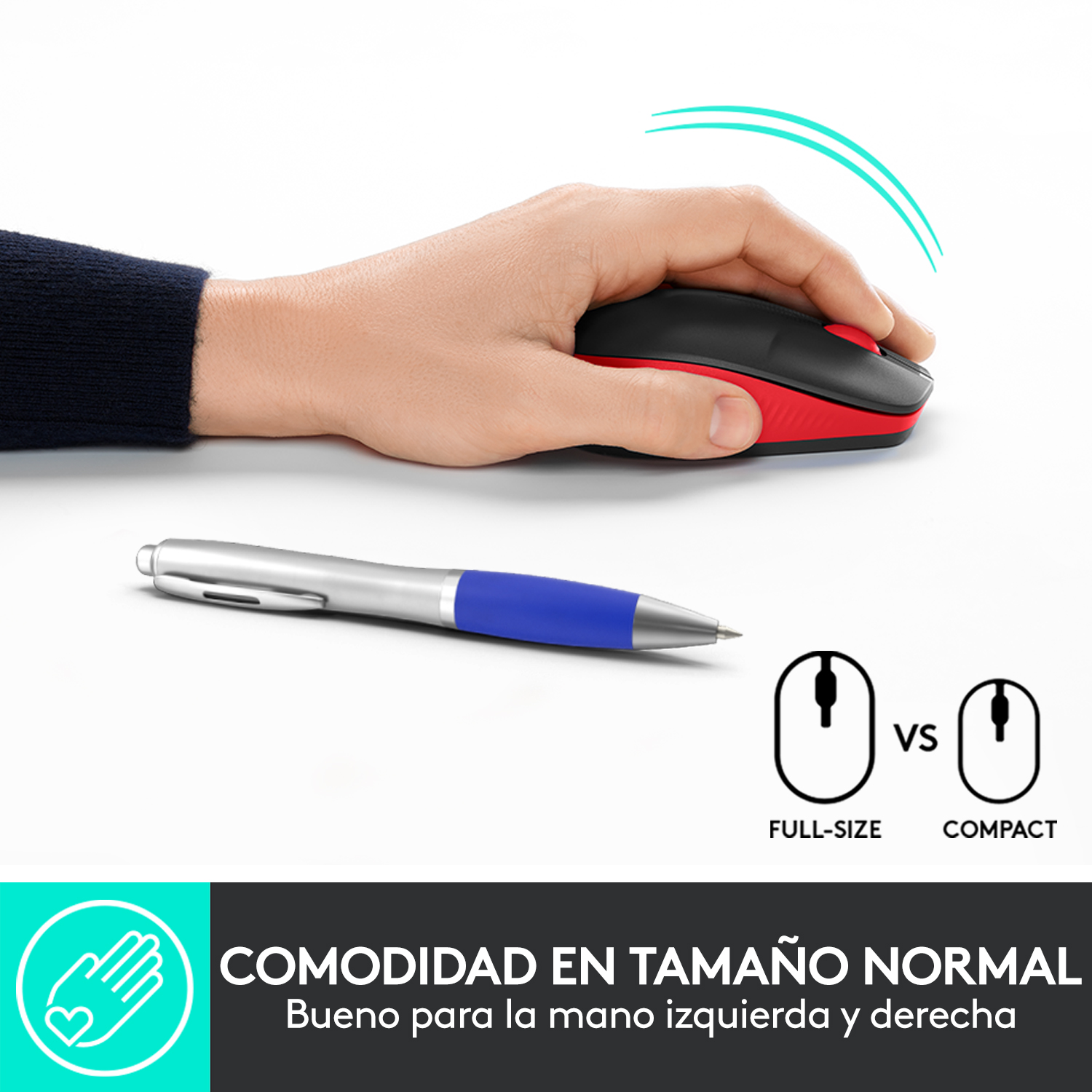 Mano usando un ratón negro y rojo, con un bolígrafo al lado. Se muestra el tamaño de ratón de tamaño completo vs. compacto.