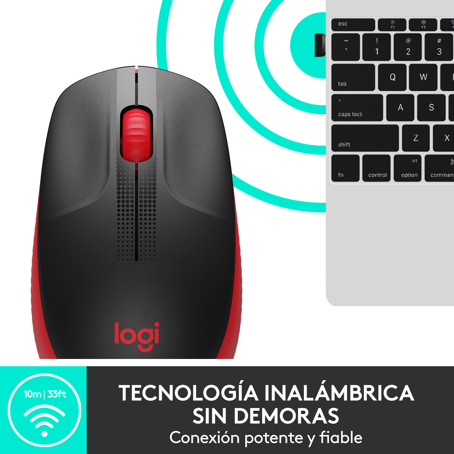 Ratón inalámbrico negro y rojo con teclado al fondo. Texto en la parte inferior.