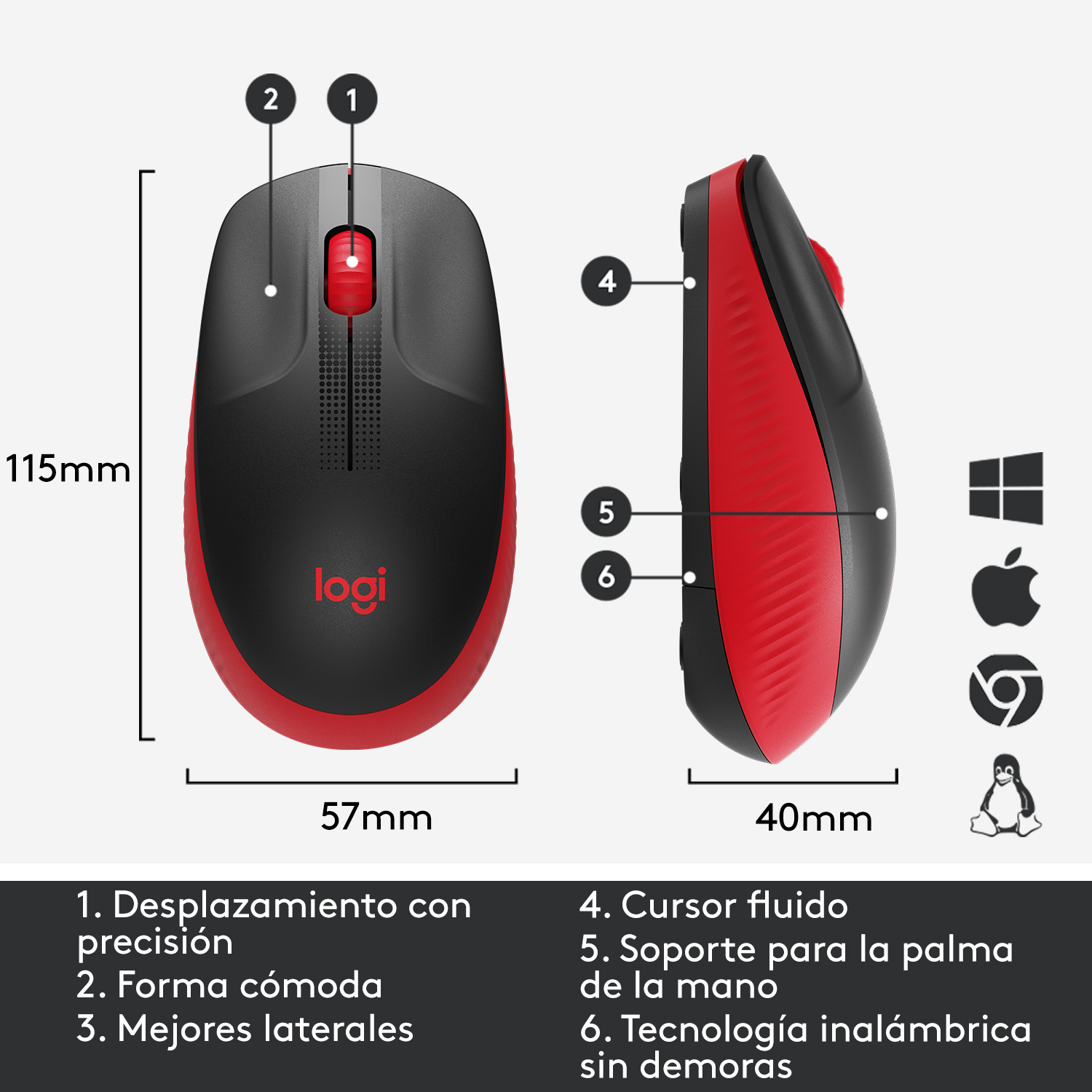 Un ratón Logitech negro y rojo, con dimensiones y funciones etiquetadas. Flechas apuntan a botones y lados.