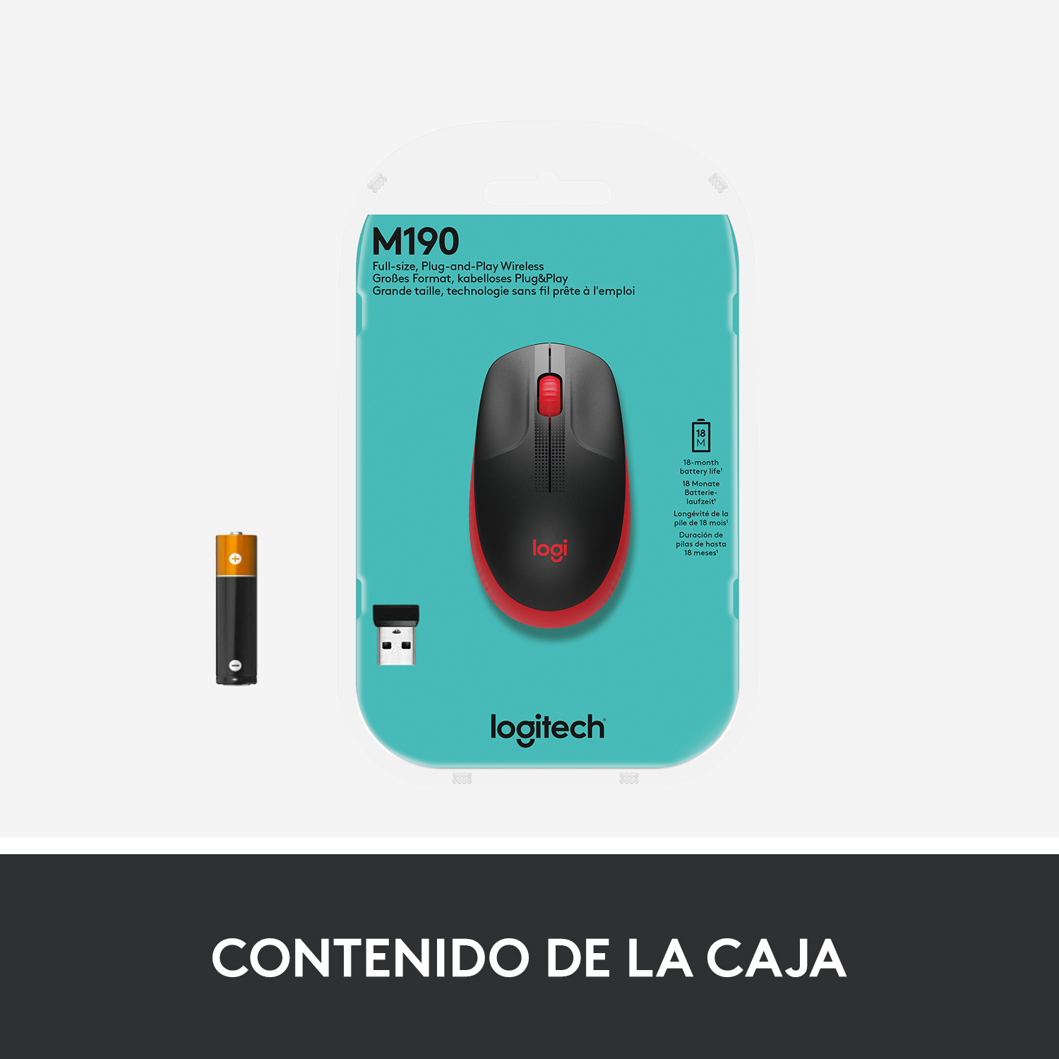 Ratón inalámbrico Logitech M190 en embalaje. Ratón negro y rojo con una batería.