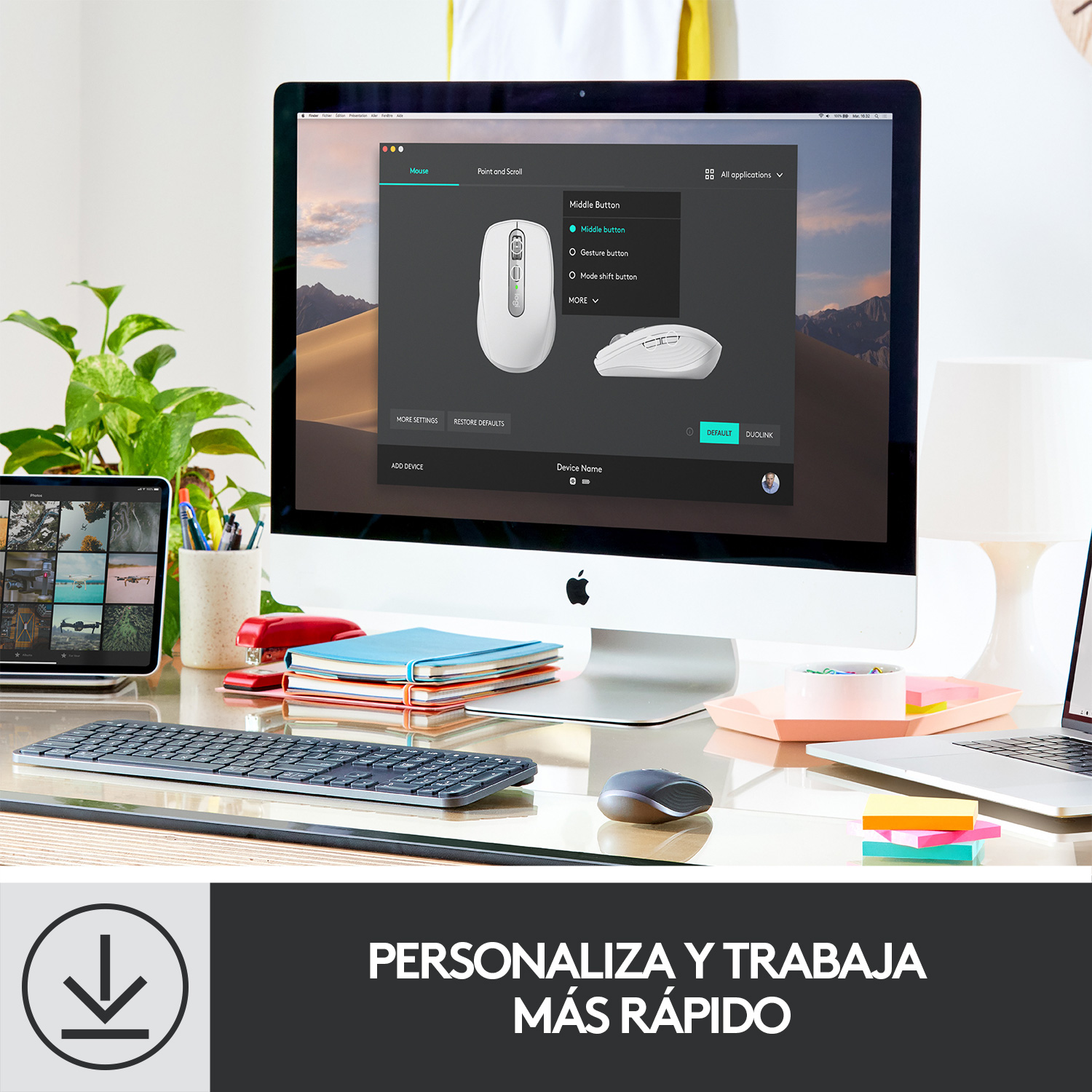 Un escritorio con un monitor que muestra una interfaz de configuración del ratón. Hay un ratón y un teclado.