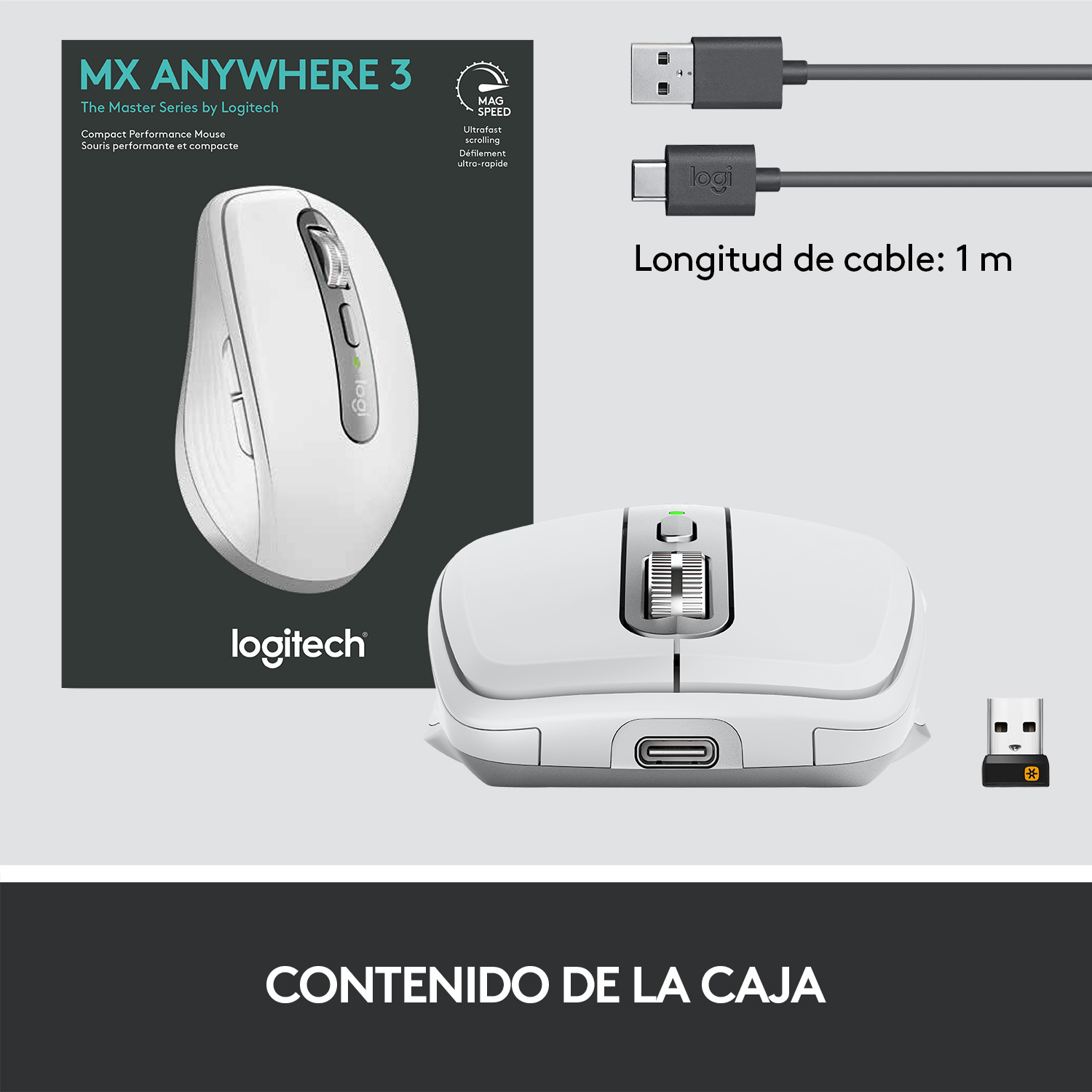 Ratón Logitech MX Anywhere 3 blanco con su caja, cable de carga y receptor USB.