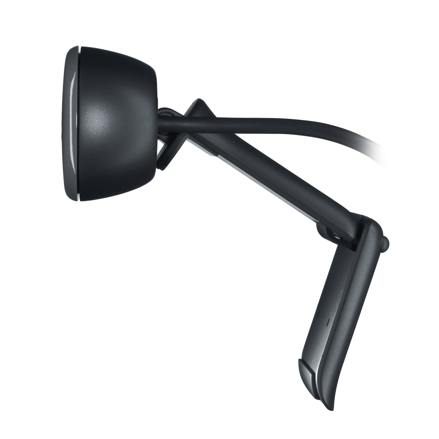 A black webcam with an adjustable mount and cable. White background.
