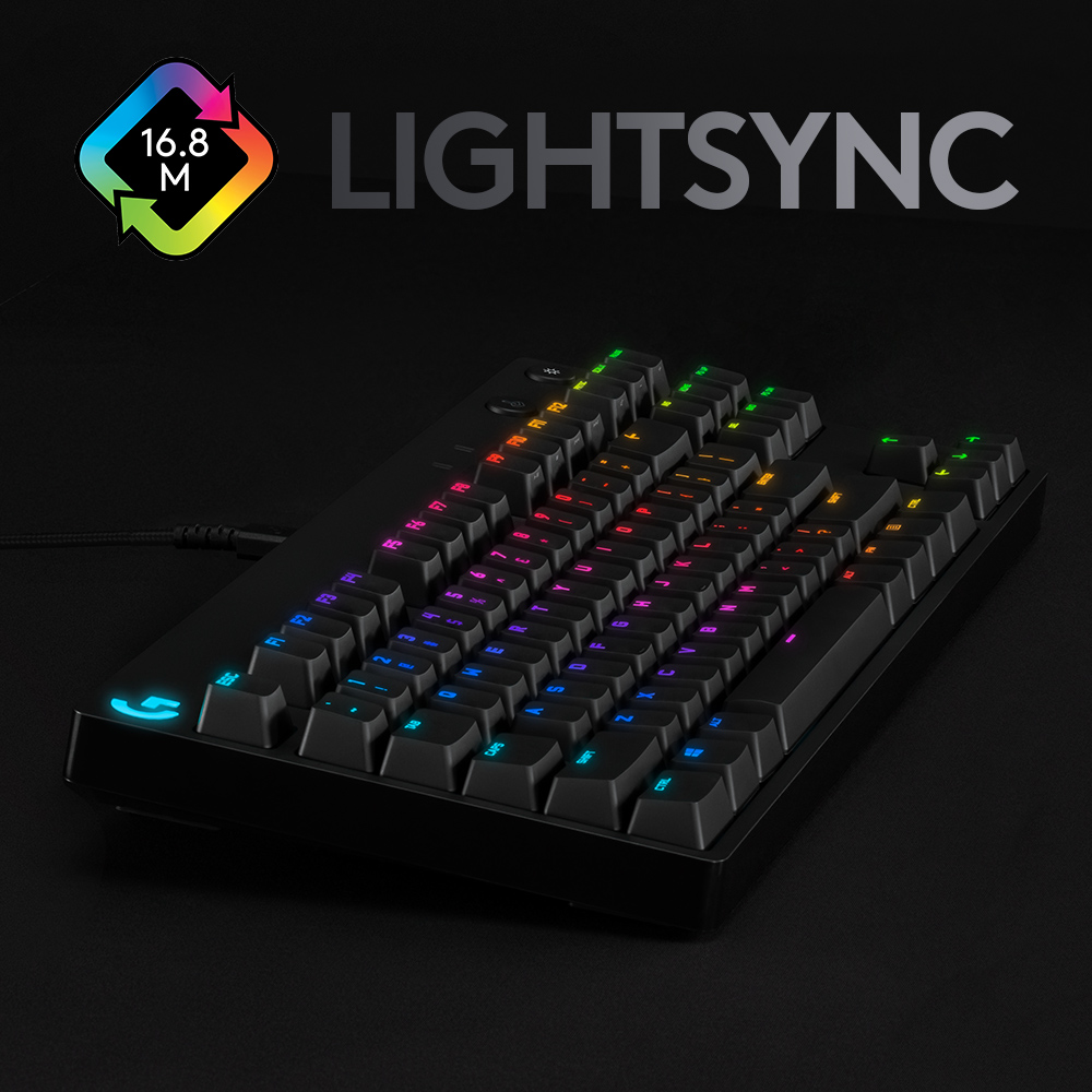 Black keyboard with multicolor keys and the Lightsync logo.