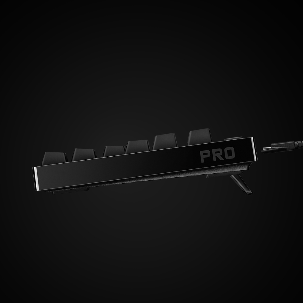 Close-up of a black keyboard with the word "PRO" printed on the side.