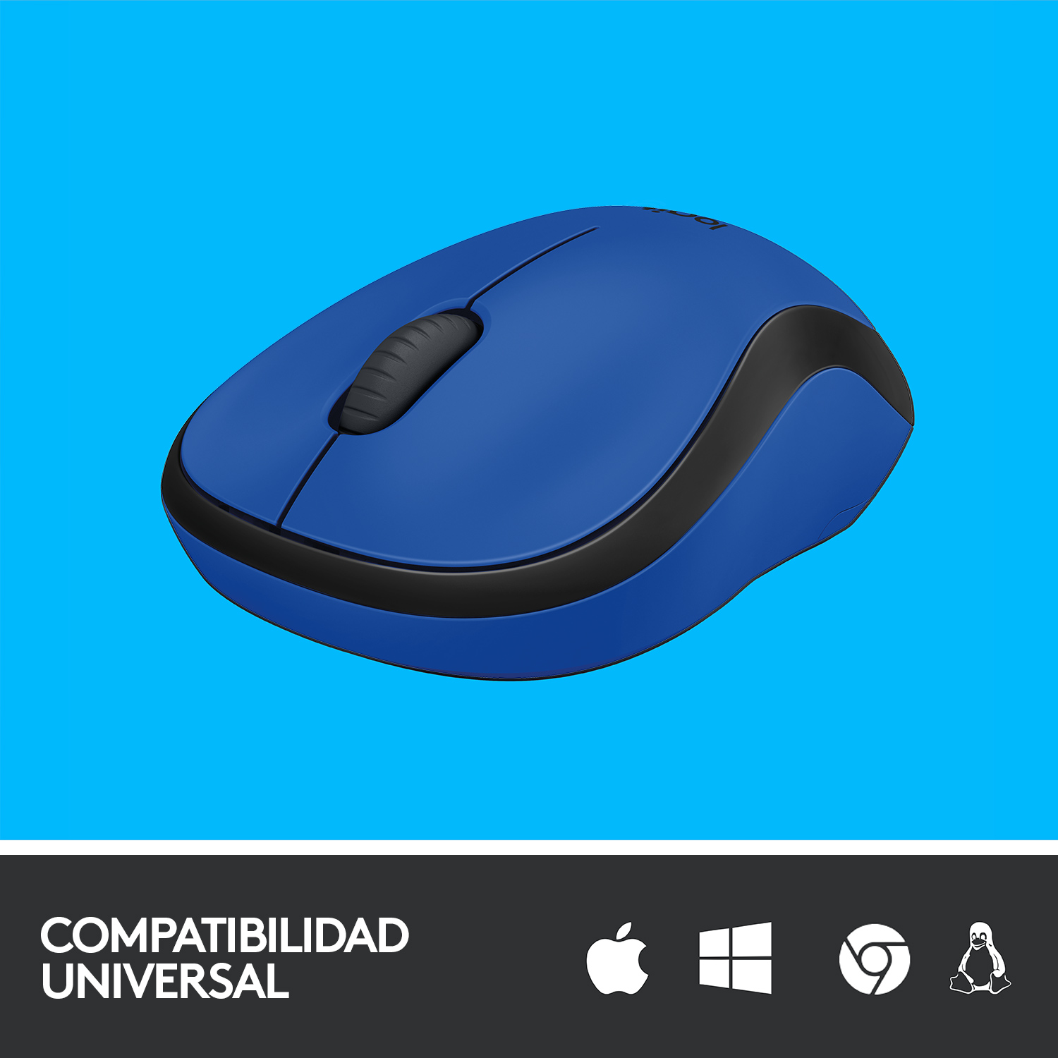 Un ratón Logitech azul con detalles negros. Los símbolos de compatibilidad universal están abajo.