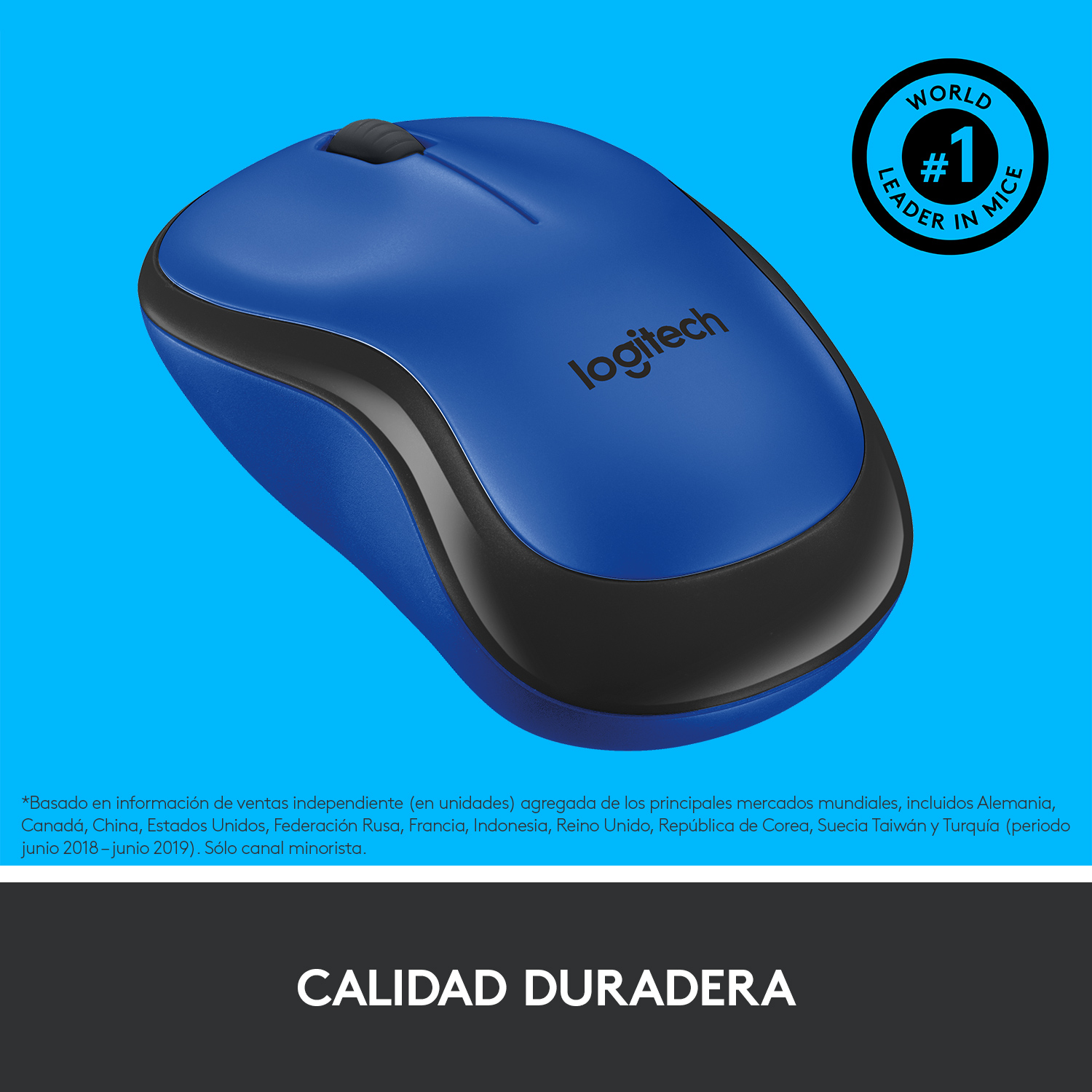 Un ratón Logitech azul y negro con base negra. Fondo blanco.