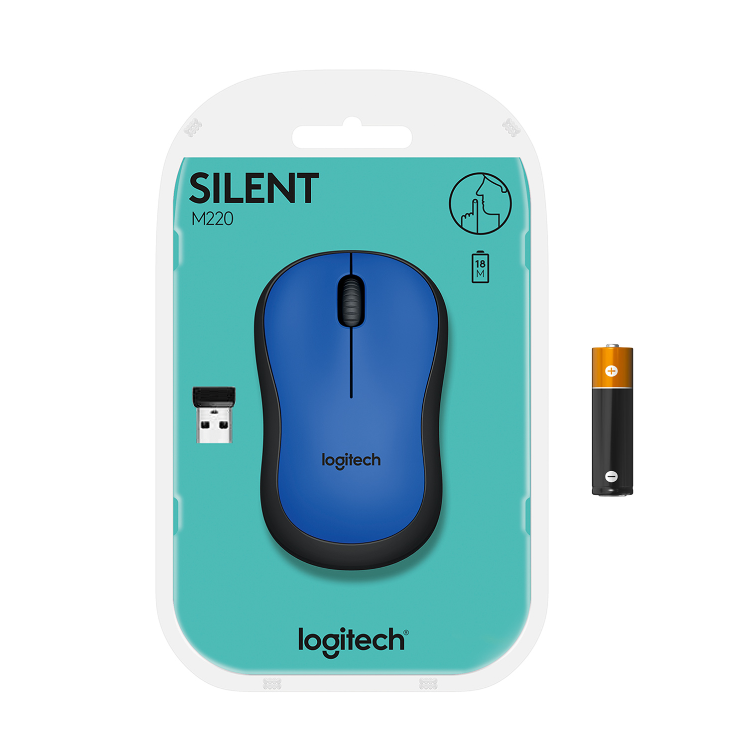 Un ratón Logitech inalámbrico azul en su embalaje, con un receptor USB y una batería.