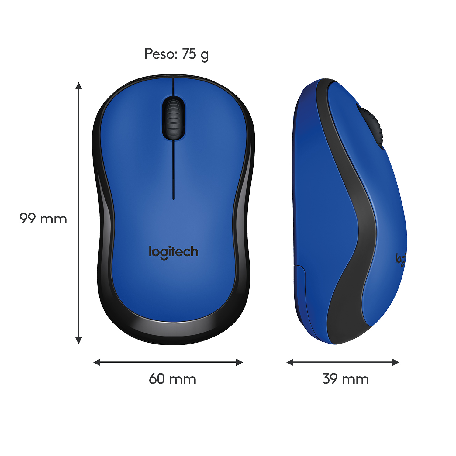 Ratón Logitech azul con dimensiones y medidas mostradas.