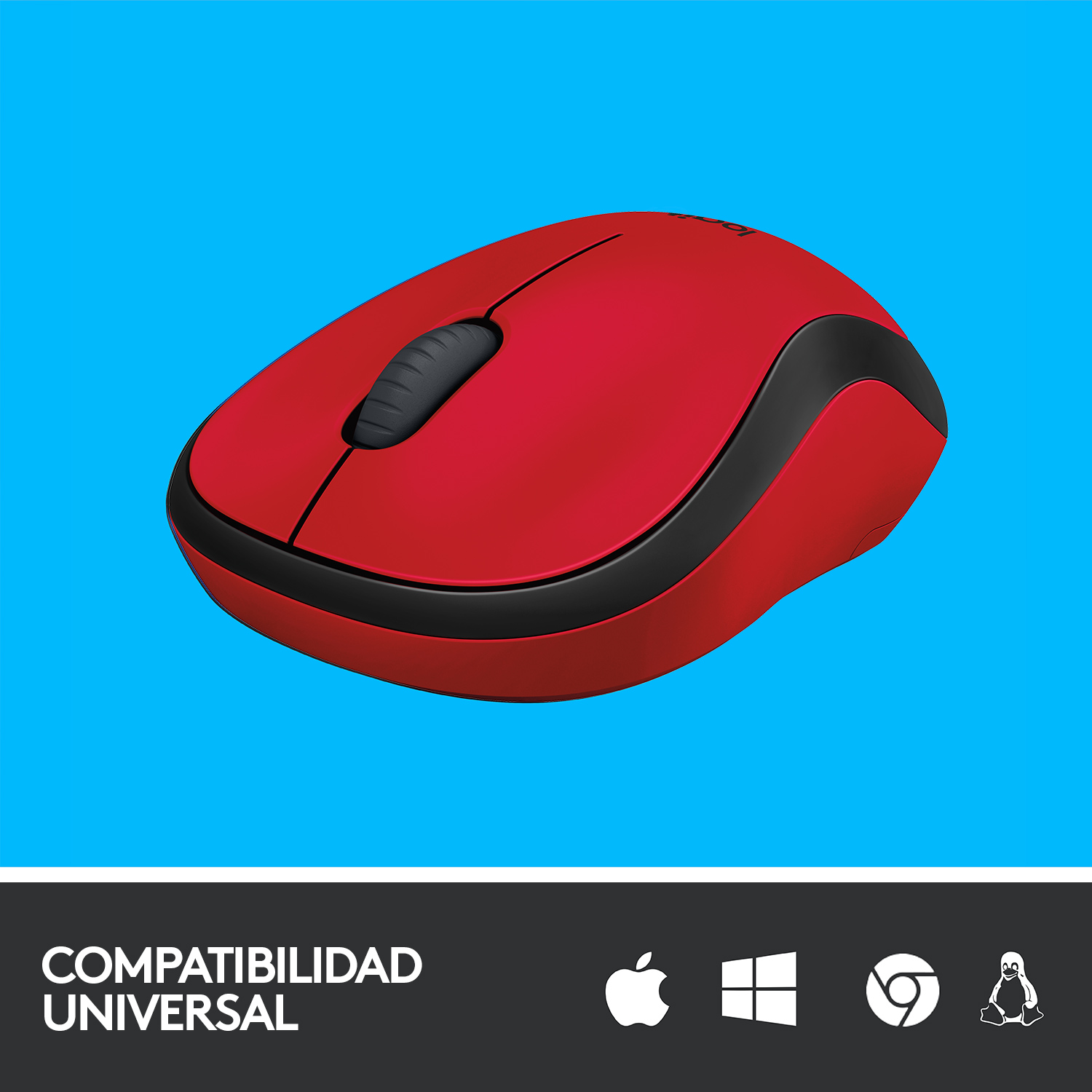 Ratón rojo con rueda de desplazamiento negra. Fondo azul. Iconos en la parte inferior.