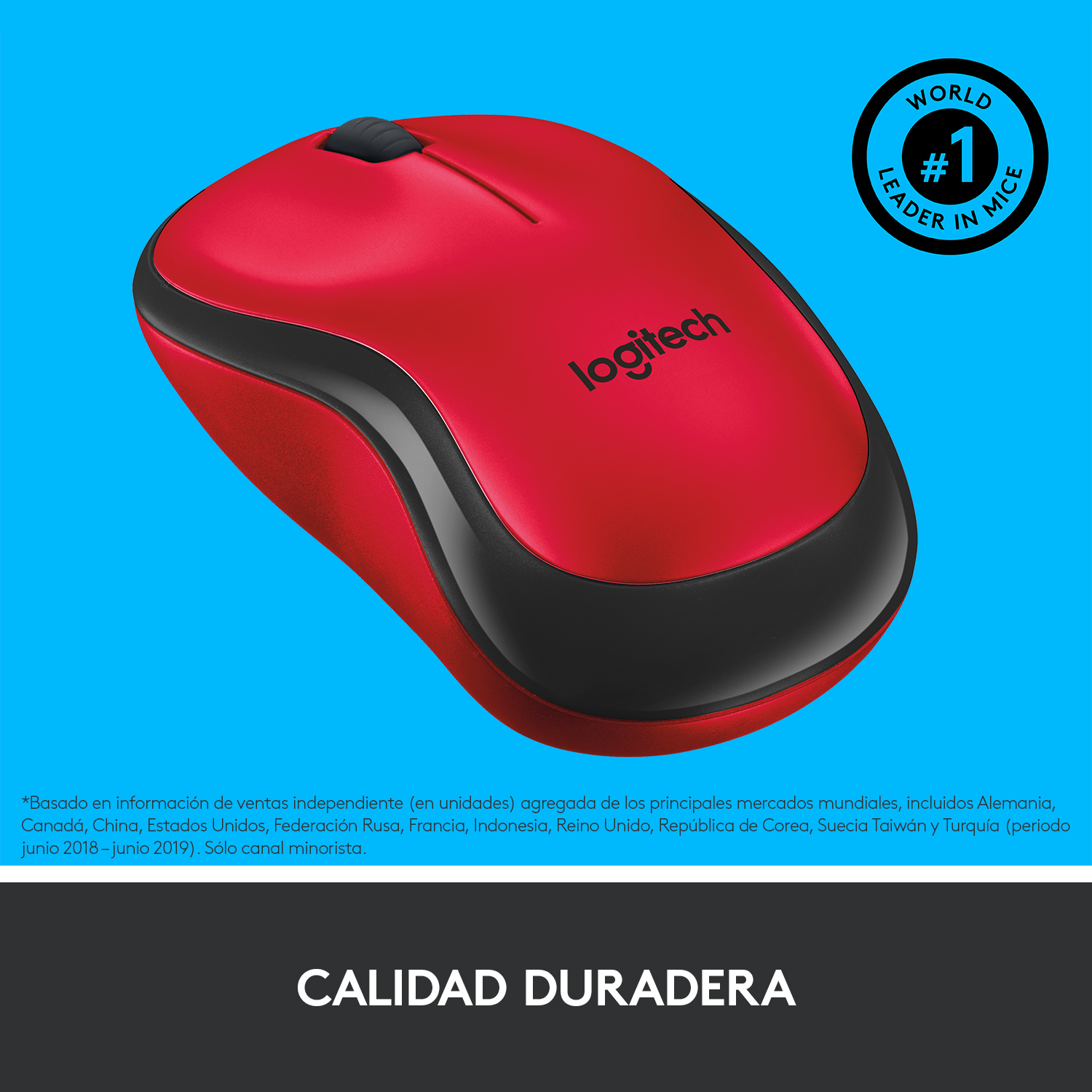 Ratón inalámbrico rojo con borde negro y logotipo de Logitech. Pegatina 'Líder mundial en ratones'.