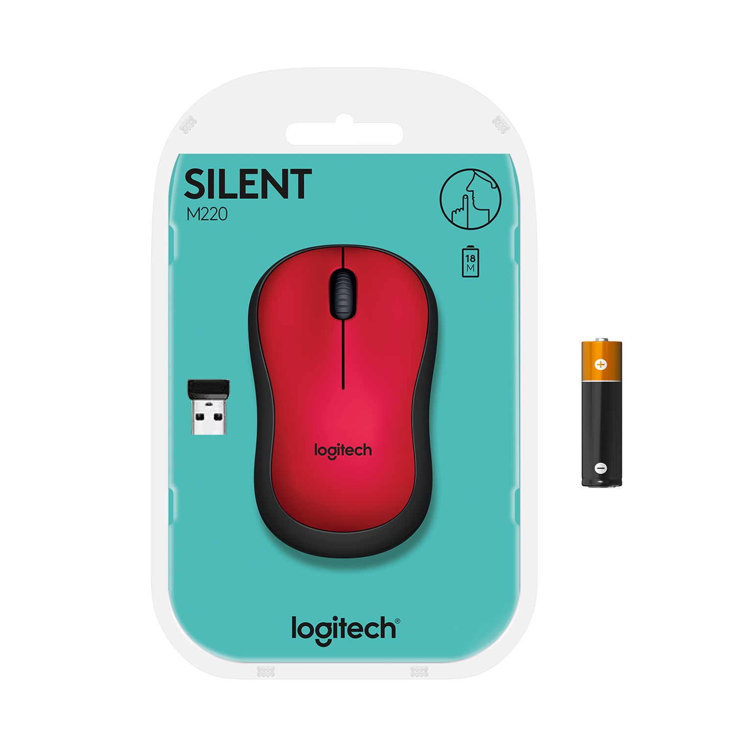 Ratón Logitech rojo en un paquete con batería y receptor USB.