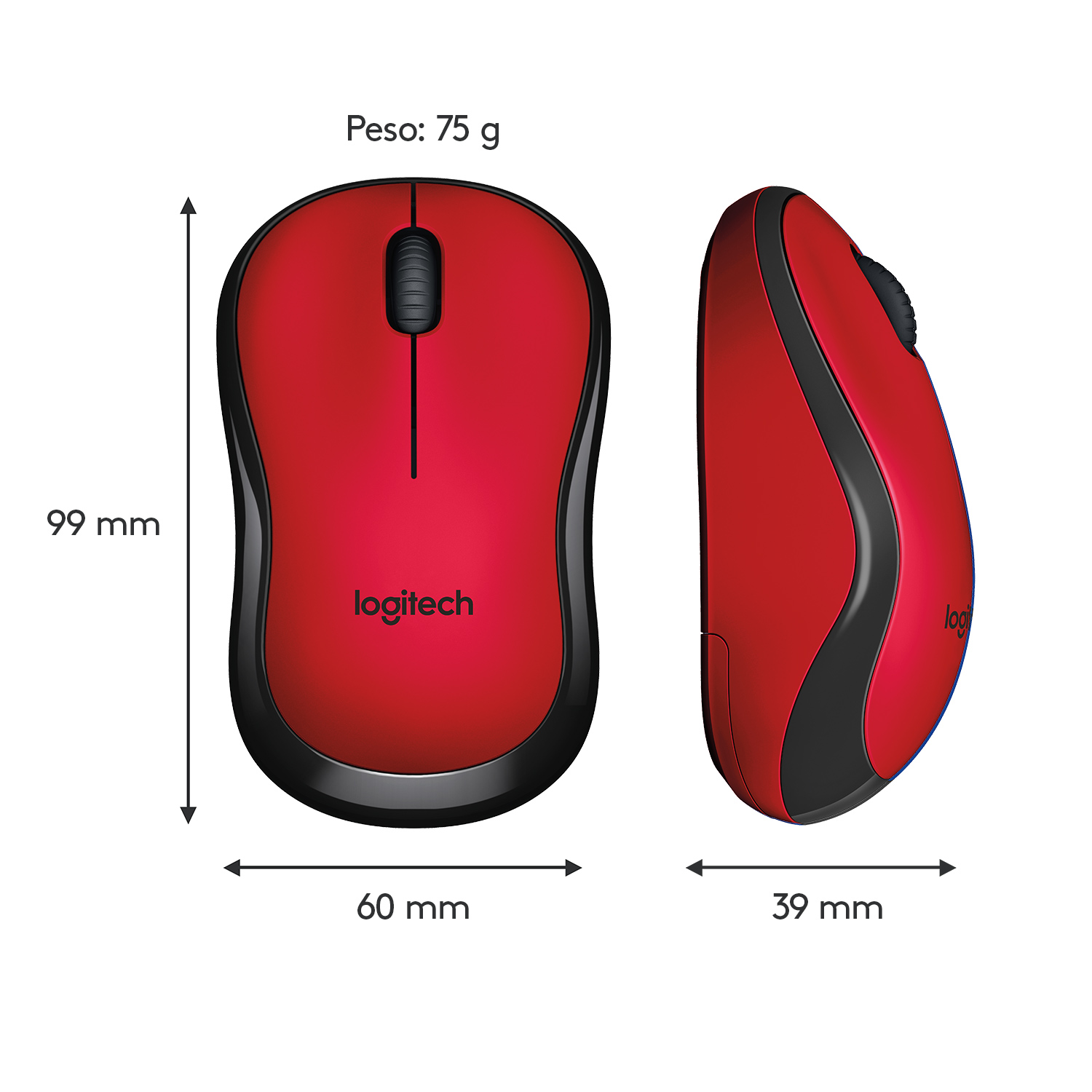 Un ratón rojo Logitech se muestra en dos vistas: superior y lateral, con dimensiones y peso.