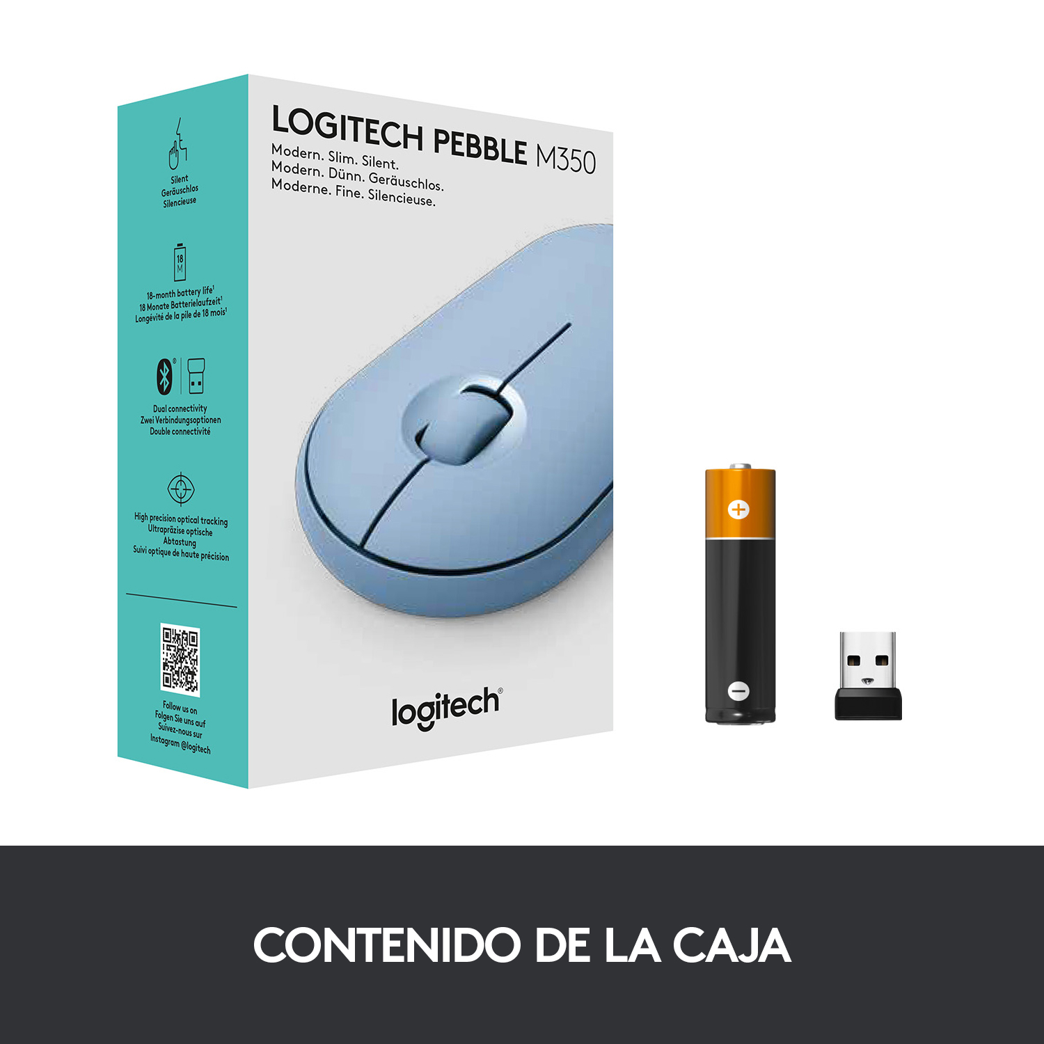 Caja del ratón Logitech Pebble, batería y receptor USB. Fondo blanco.