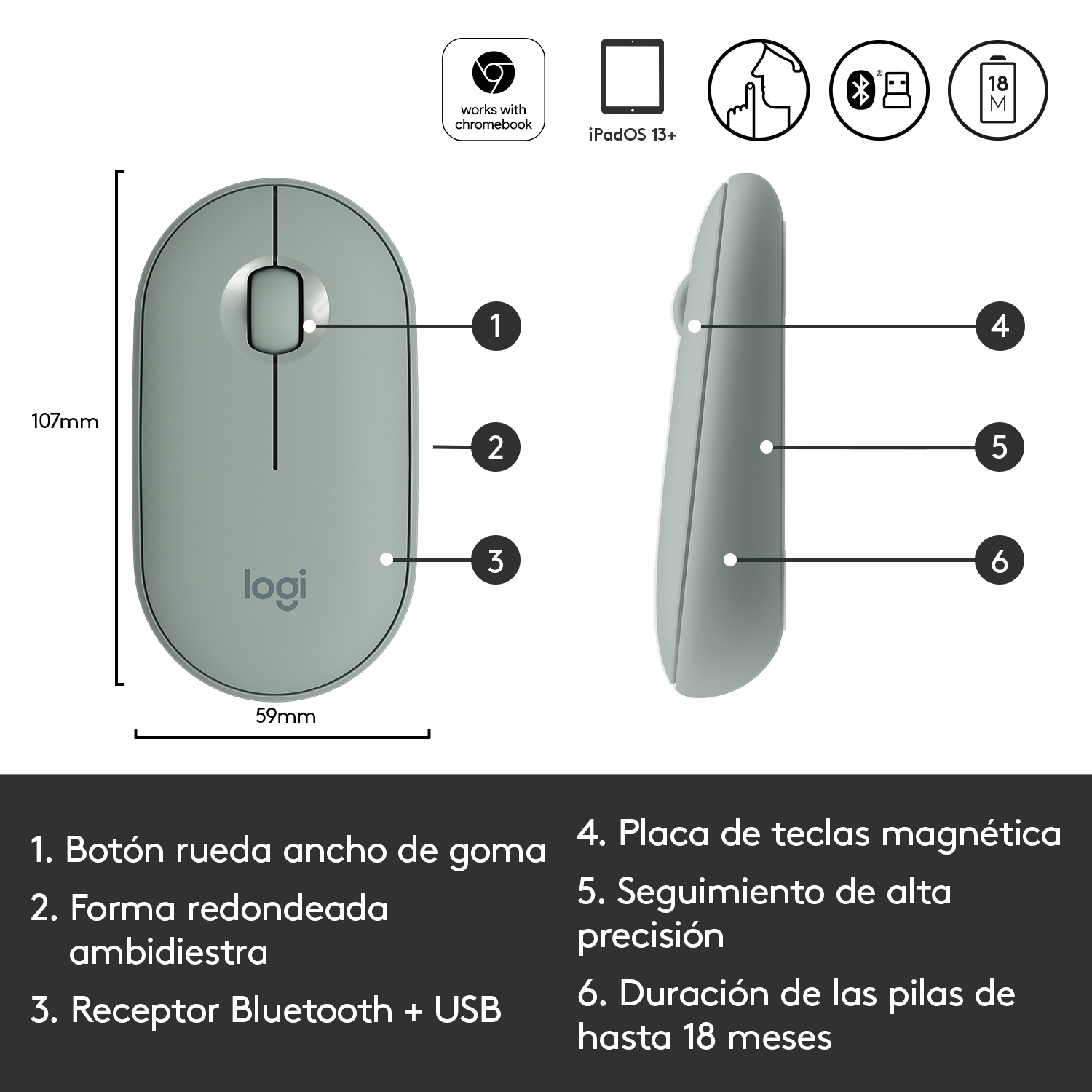 Un ratón verde claro con etiquetas de texto y medidas, sobre un fondo blanco.