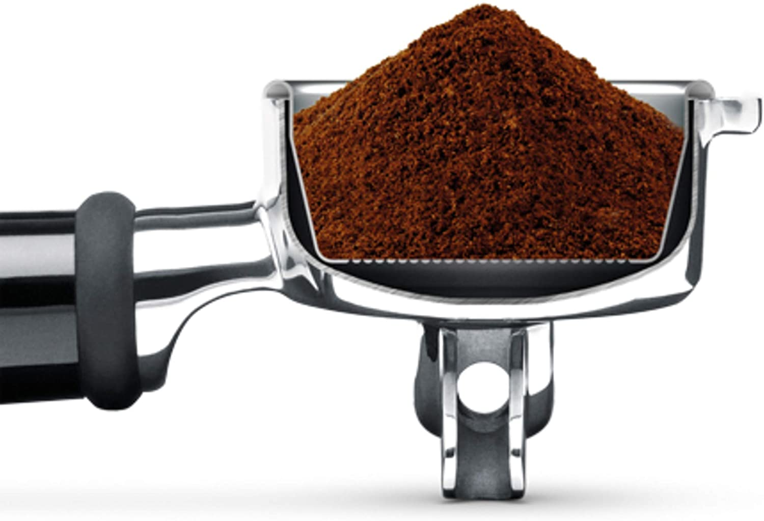 Coffee grounds in a silver portafilter. It's filled with brown coffee powder.