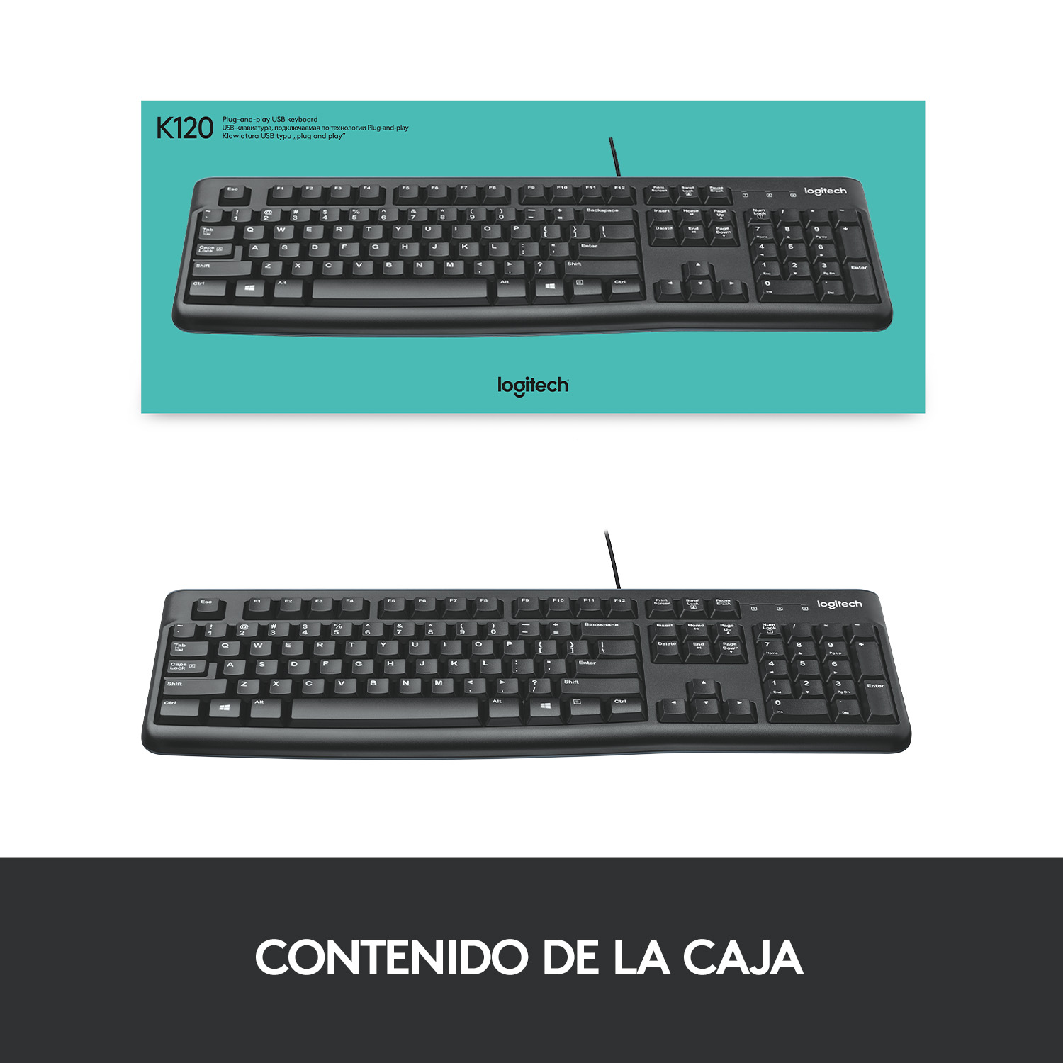 Dos imágenes de un teclado Logitech K120 negro. El teclado está sobre fondo turquesa y blanco.
