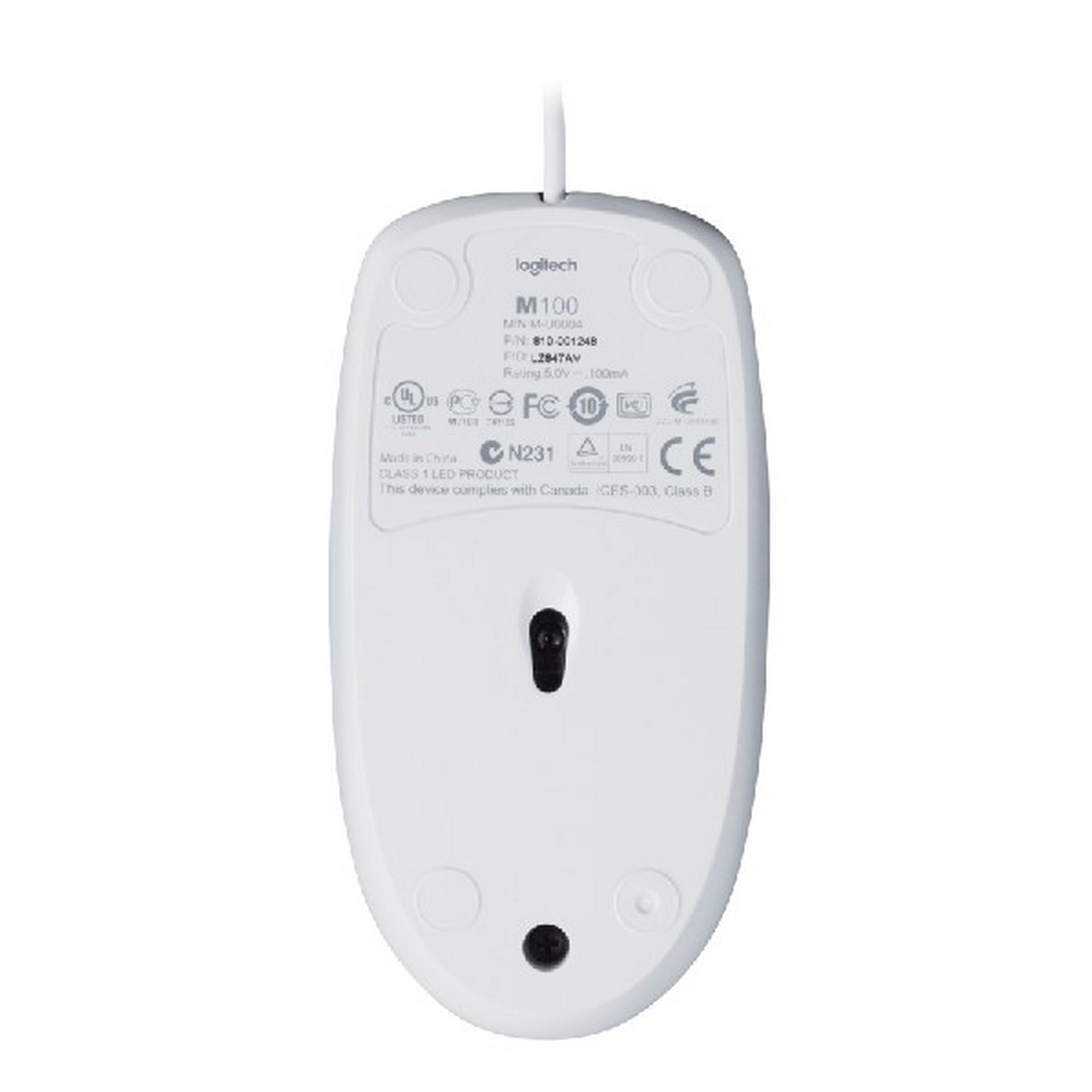 La parte inferior de un ratón Logitech M100 blanco.