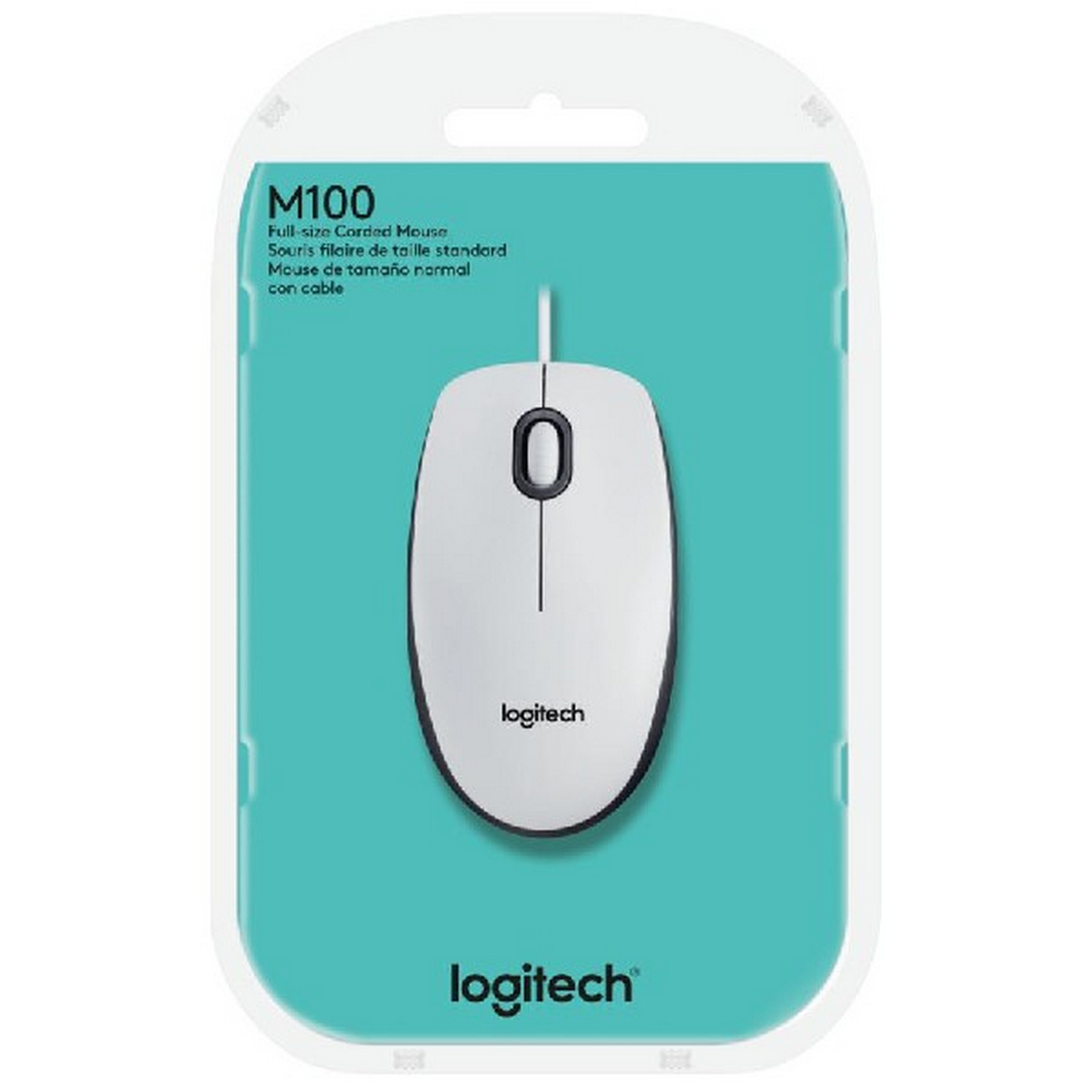 Ratón Logitech M100 en embalaje. Ratón blanco en paquete azul. Fondo blanco.