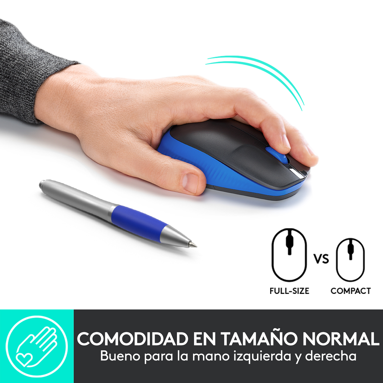 Un ratón de computadora azul y negro en uso. Un bolígrafo yace cerca. El texto dice: Tamaño completo vs. Compacto.