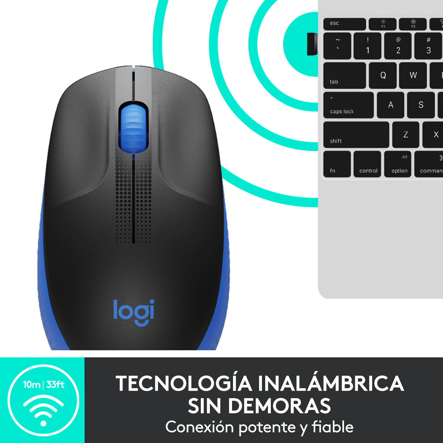 Ratón Logitech negro y azul sobre fondo blanco. Un teclado es visible a la derecha.