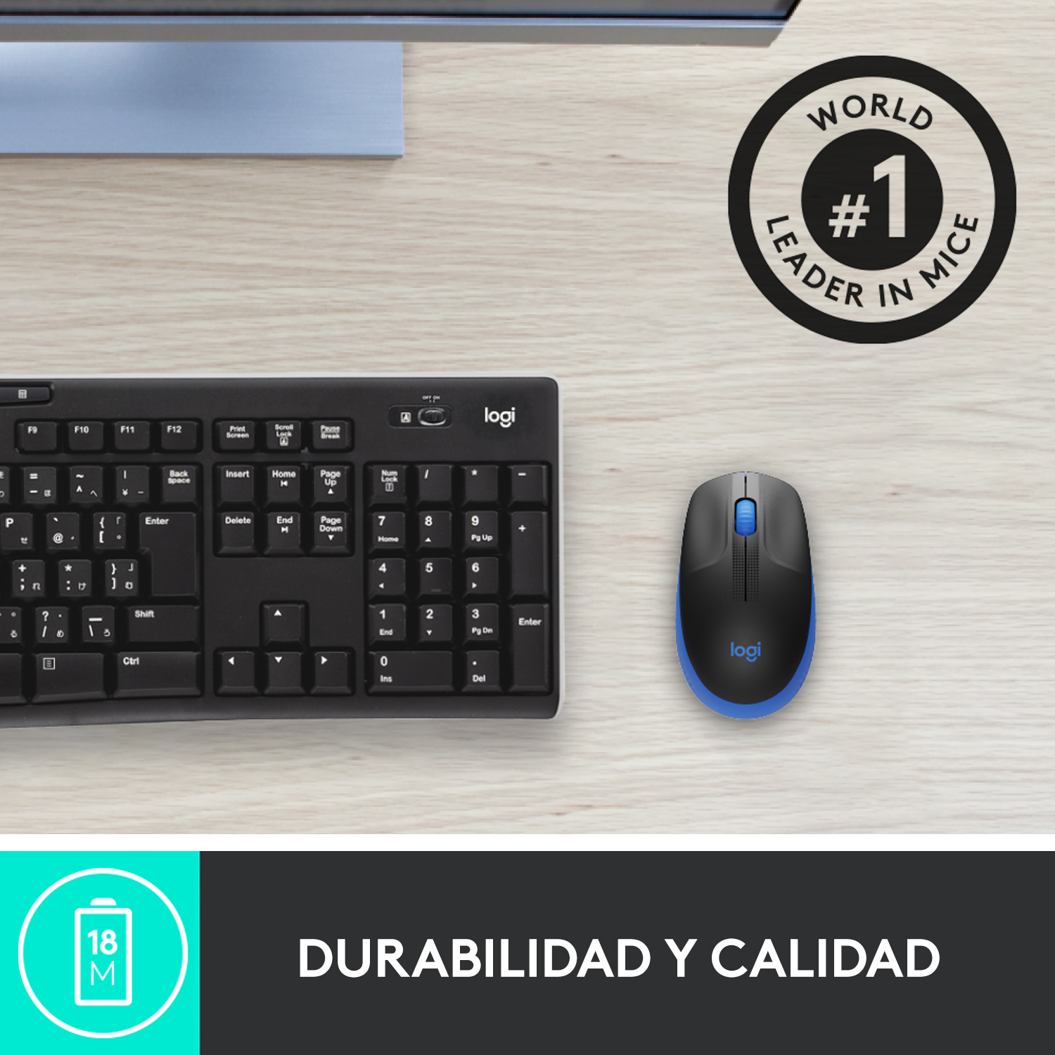 Un teclado y un ratón en un escritorio. El ratón es negro y azul. El texto dice 'LÍDER MUNDIAL #1 EN RATONES'.
