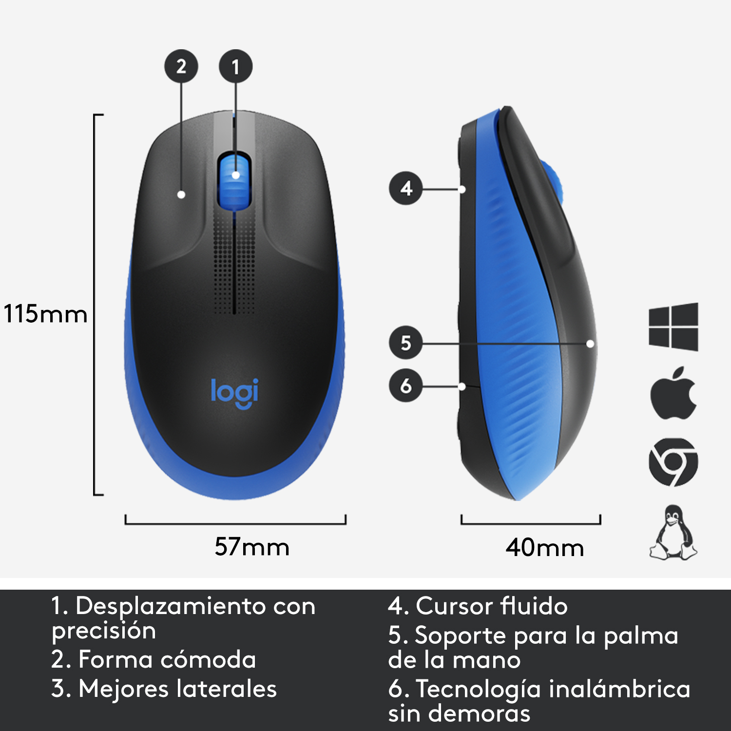 Un ratón Logitech negro y azul con etiquetas numeradas y dimensiones sobre un fondo blanco.