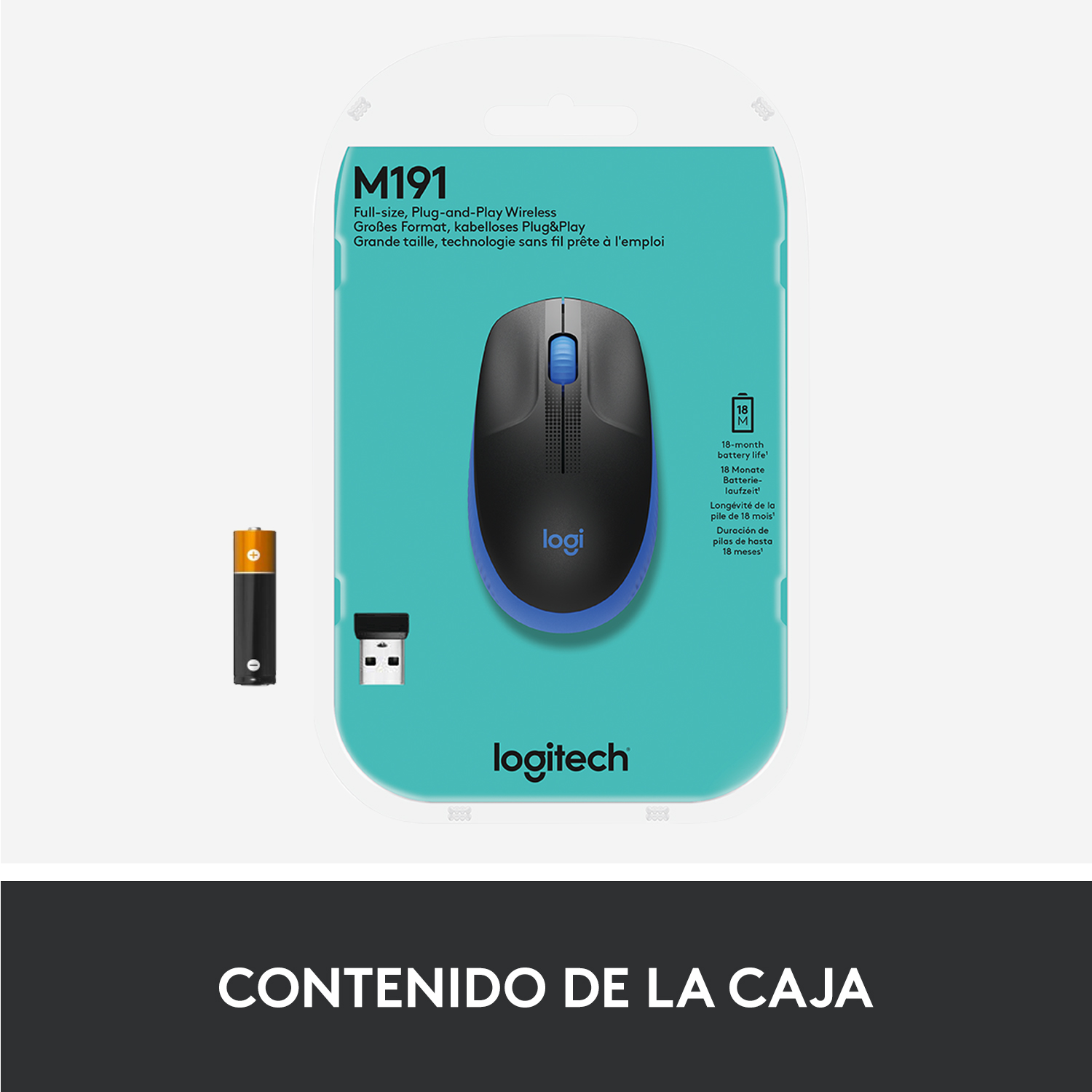 Ratón Logitech M191 en embalaje con una batería y un receptor USB.
