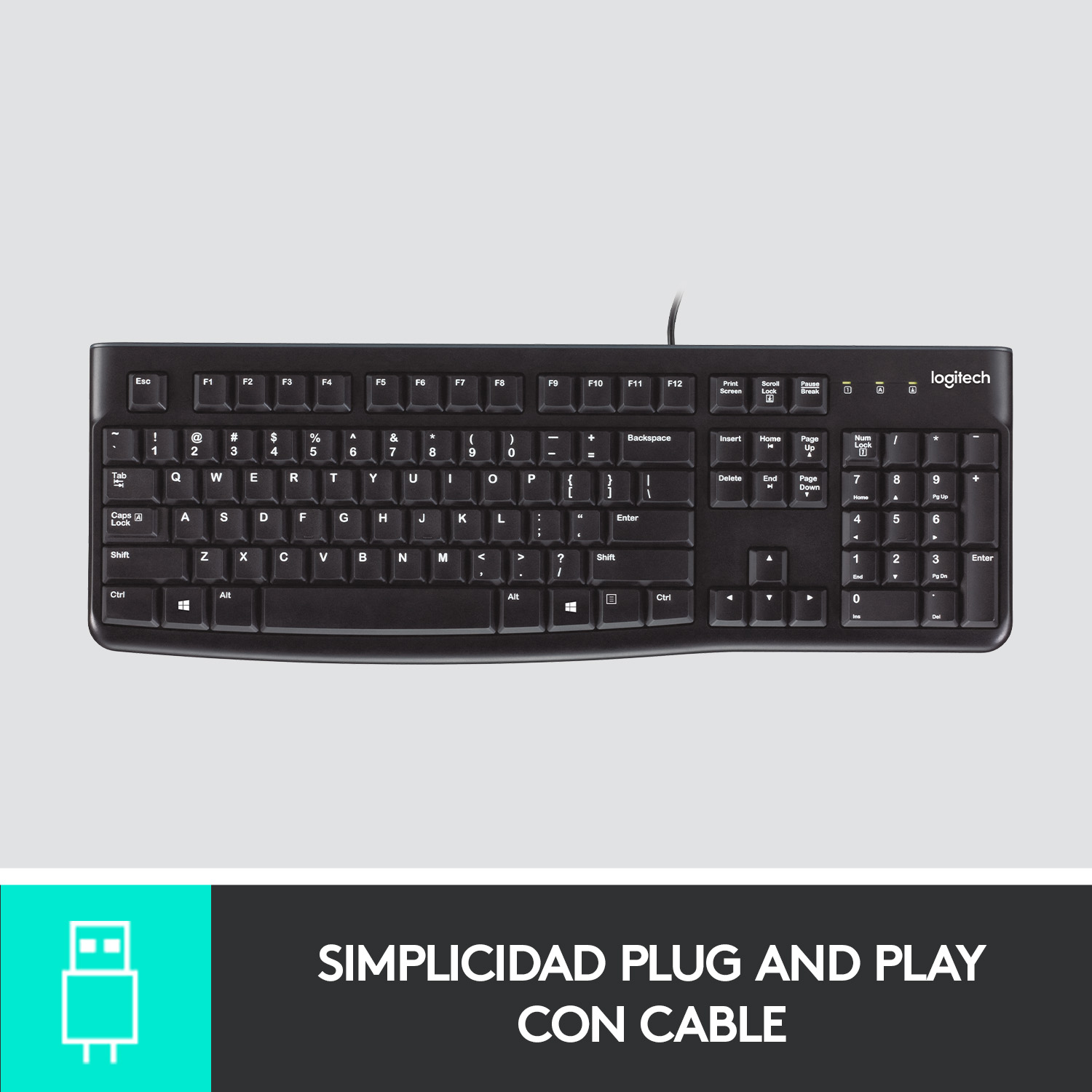 Teclado negro con teclas blancas. La marca Logitech se muestra arriba a la derecha.