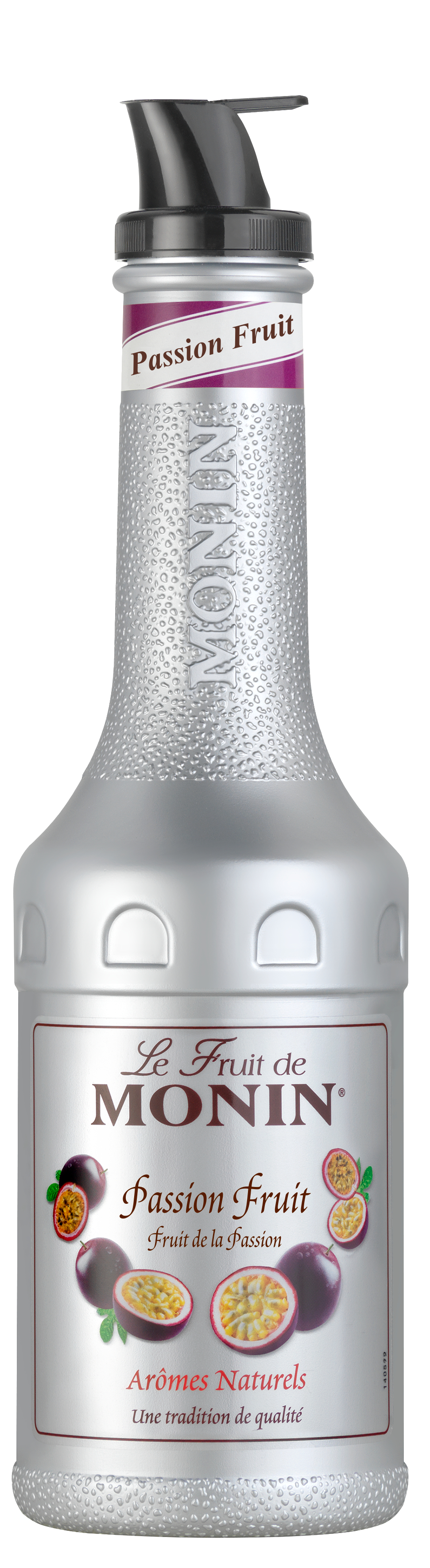 Silberne Monin-Passionsfruchtsirupflasche mit Etikett, Passionsfrüchte.