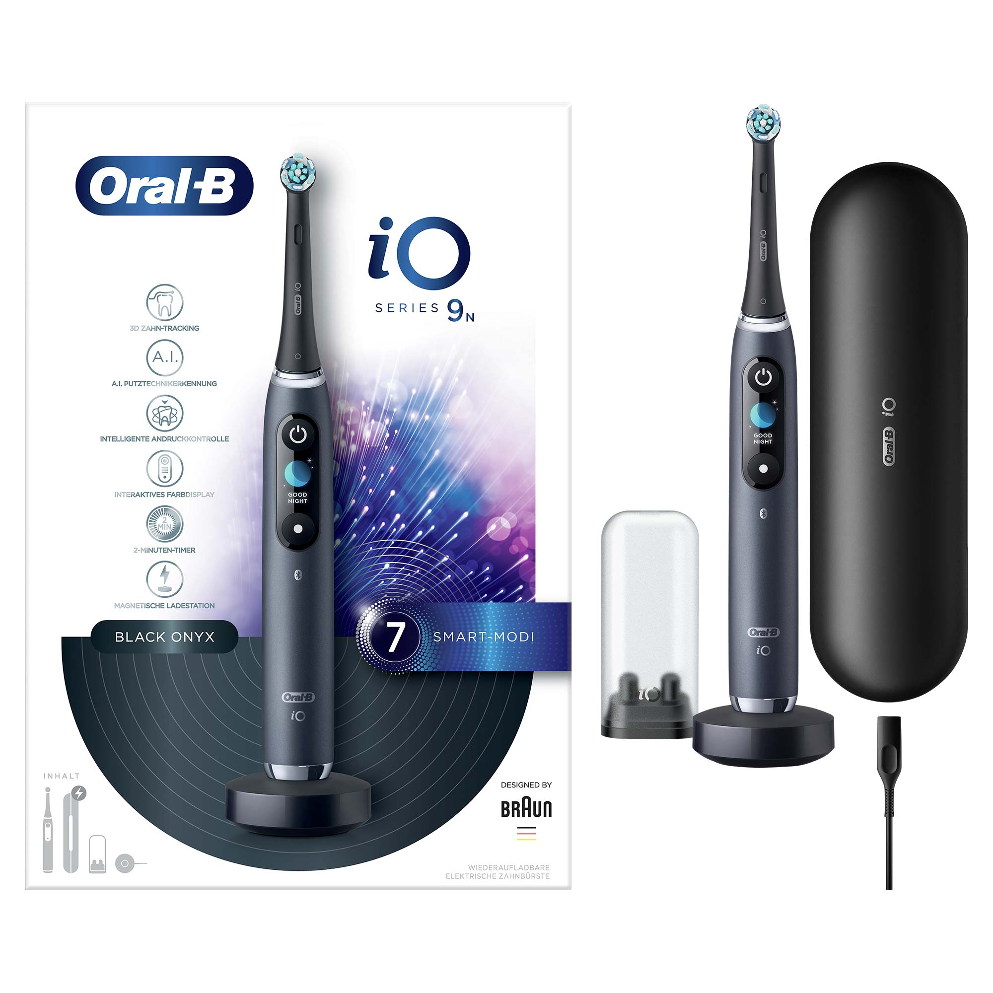 Siyah Oral-B iO Series 9N elektrikli diş fırçası, şarj standı ve çantası.