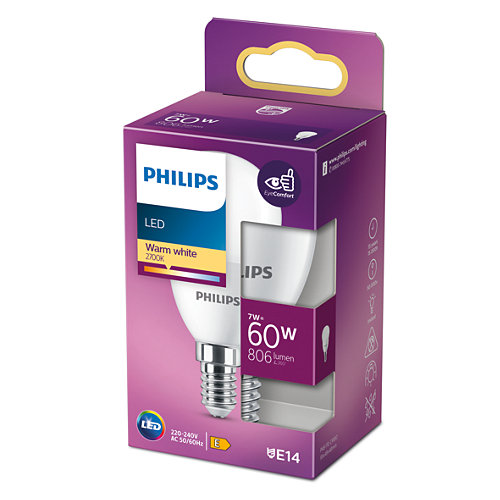 Egy Philips LED izzó a kiskereskedelmi csomagolásában.