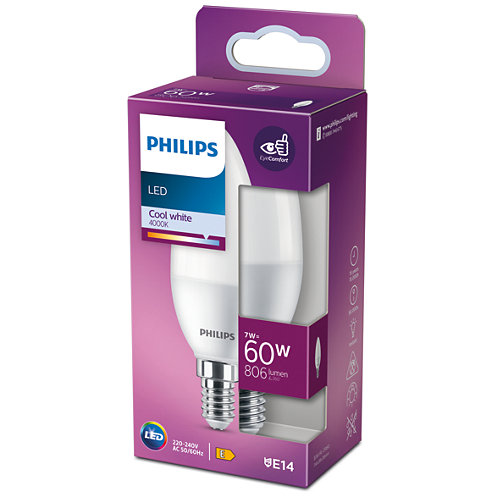 Egy Philips LED izzó egy dobozban, fehér háttérrel. A doboz az izzót és annak funkcióit mutatja.