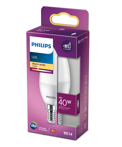 Egy fehér Philips LED izzó a dobozában, látható termékinformációkkal.