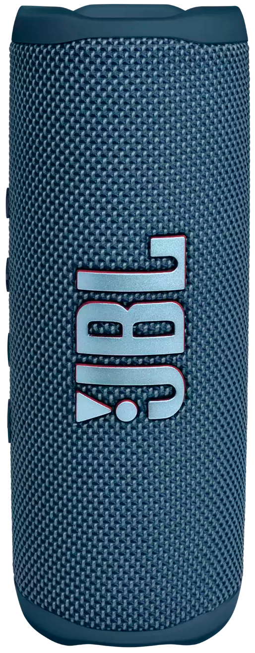 Enceinte portable JBL bleue. Forme cylindrique avec logo JBL argenté. Extérieur texturé.
