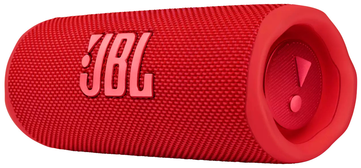 Enceinte JBL rouge. L'enceinte est cylindrique avec le logo JBL sur le côté.