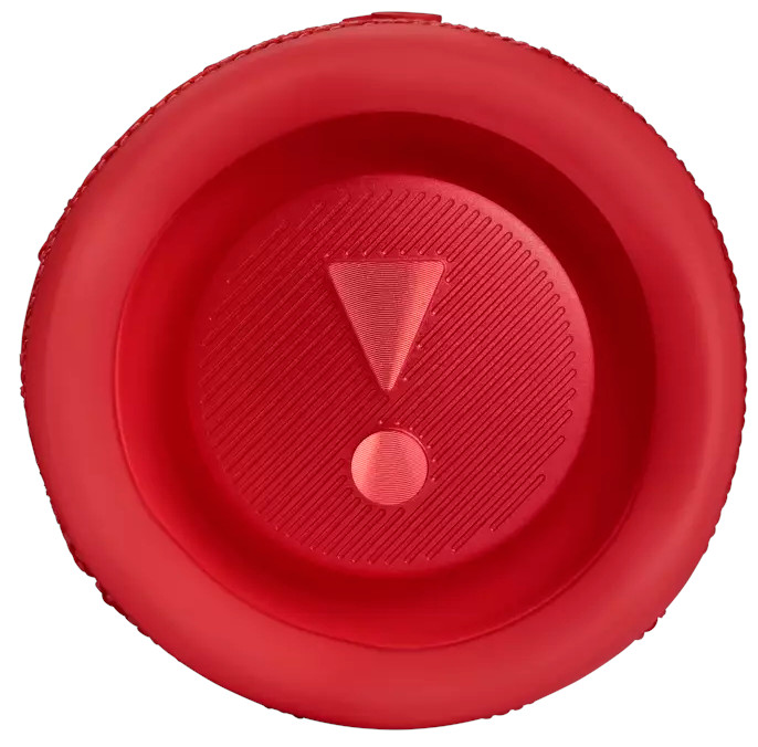 Un haut-parleur rouge, vue de dessus, avec un point d'exclamation blanc sur une surface circulaire texturée.