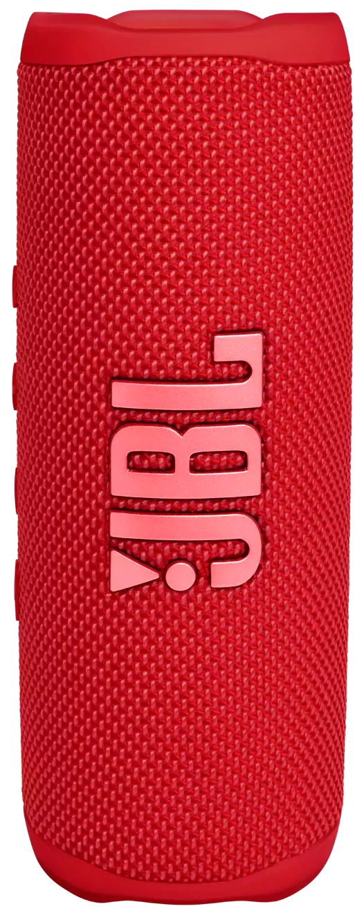 Enceinte JBL rouge. Forme cylindrique, avec logo JBL en blanc. Surface texturée.
