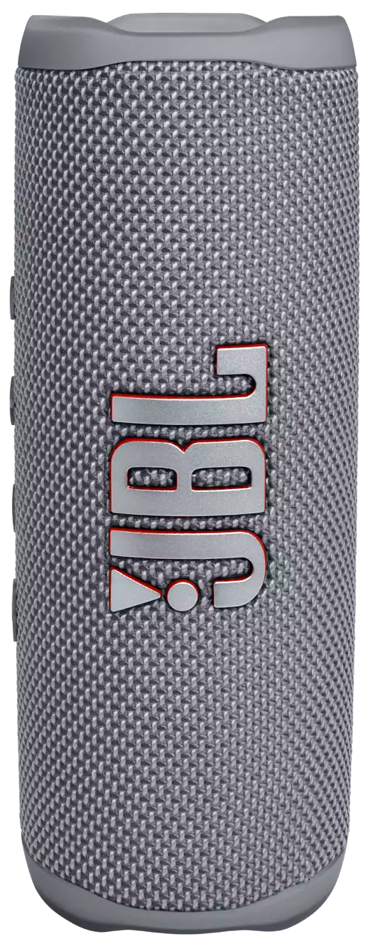 Grijze JBL-luidspreker met rood logo. Cilindrische vorm, getextureerd oppervlak.