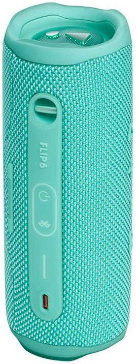 Haut-parleur JBL Flip 6 de couleur sarcelle avec boutons de contrôle sur fond sarcelle.