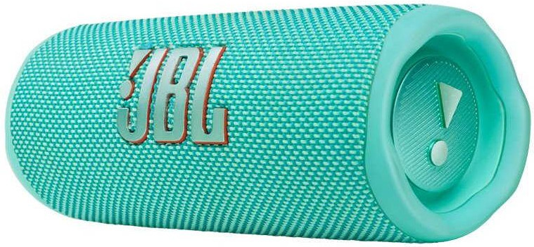 Haut-parleur JBL turquoise. Logo JBL argenté. Extrémités arrondies. Texture en maille grise. Boutons noirs.
