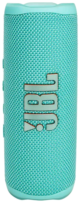 Haut-parleur JBL turquoise, forme cylindrique, avec le logo JBL, isolé sur noir.