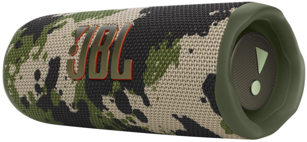 Un haut-parleur JBL à motif camouflage. Il a une extrémité verte et un logo JBL en rouge.
