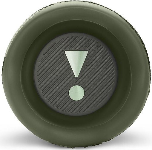 Le dessus d'un haut-parleur JBL vert foncé. Un point d'exclamation blanc et un petit cercle au centre.