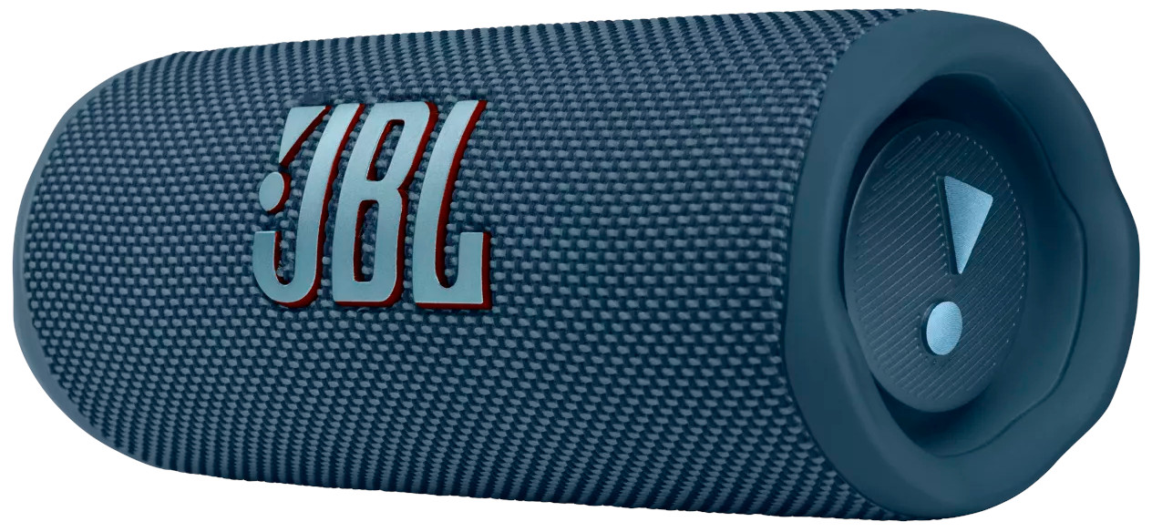 Enceinte JBL bleue, cylindrique, avec logo JBL et boutons de commande.
