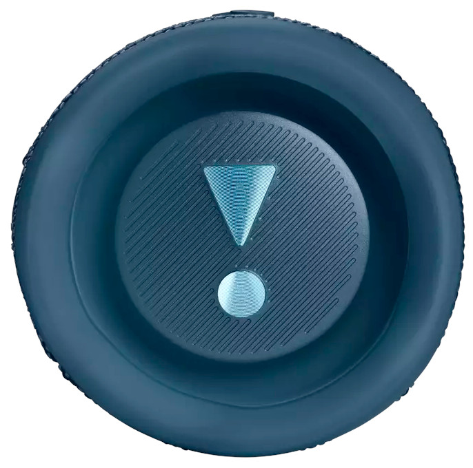 Gros plan sur un haut-parleur circulaire, avec un design de point d'exclamation sur le devant.