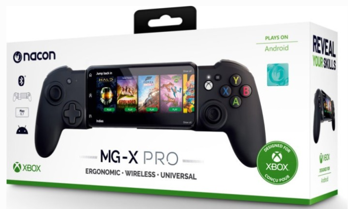 Ein schwarzer Gamecontroller mit einem daran befestigten Telefon, und die Box zeigt das Xbox-Logo und Spielbilder.