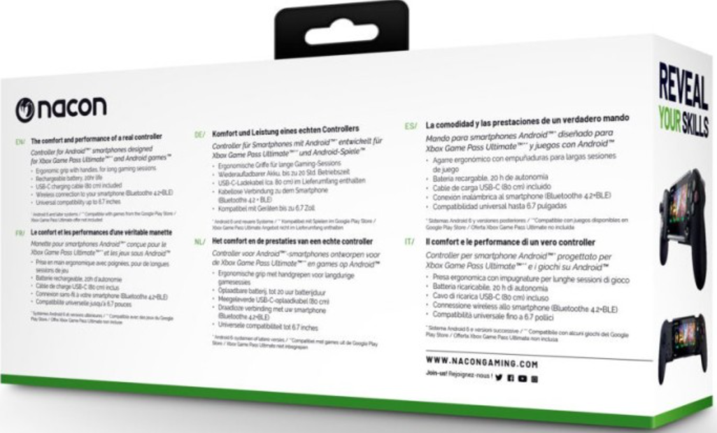 Rückseite einer schwarzen Controller-Box mit Text auf Englisch, Deutsch, Spanisch, Französisch, Niederländisch, Italienisch, Polnisch und Türkisch.