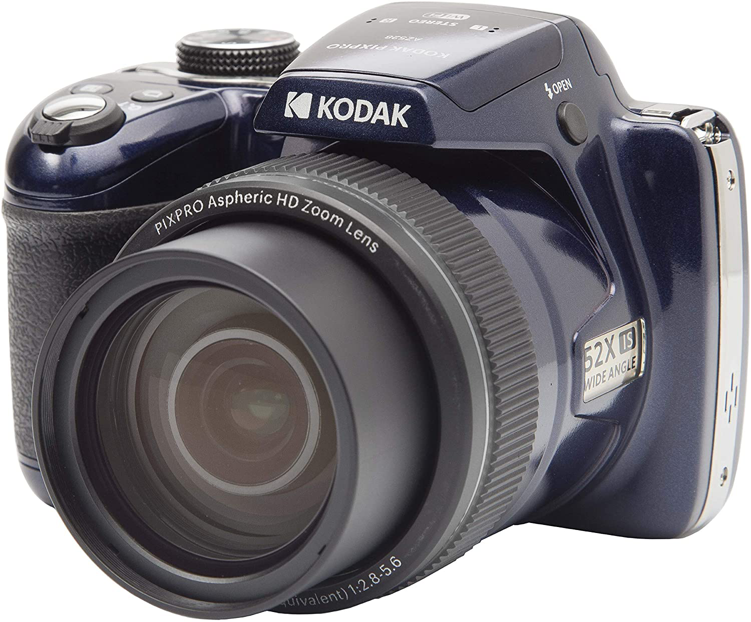 Sötétkék Kodak fényképezőgép. Fekete objektív és ezüst gombok.