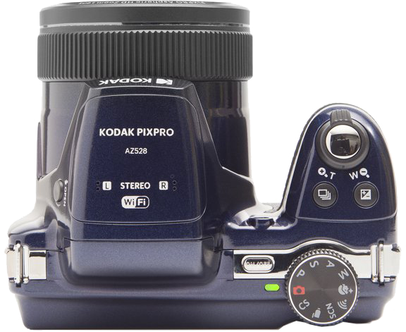 Kodak Pixpro kamera, felülnézet. Sötétkék test, sok gombbal és tárcsával.